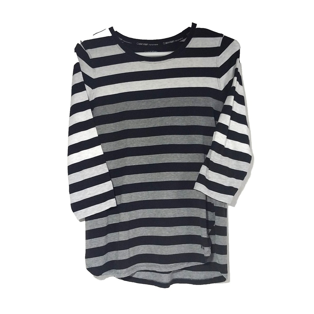 Calvin Klein Size Small Performance Gray Black Striped 3/4 Sleeve Crew Neck Top